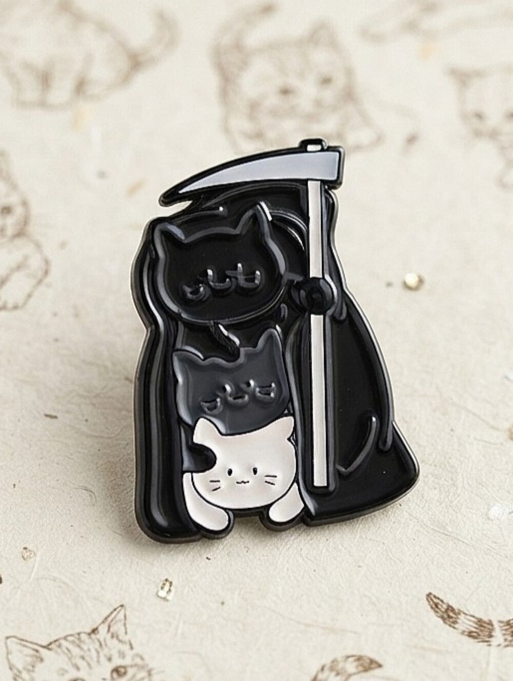 Cute Spooky Witchy Gothic Kitten Scythe Grim Reaper Stacked Cats Enamel Pin